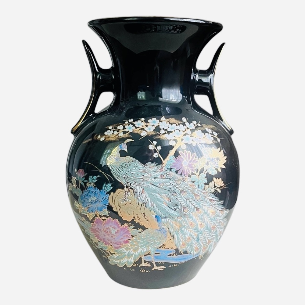 Vintage porcelain vase black hand painted floral bird detail wide handles/openin